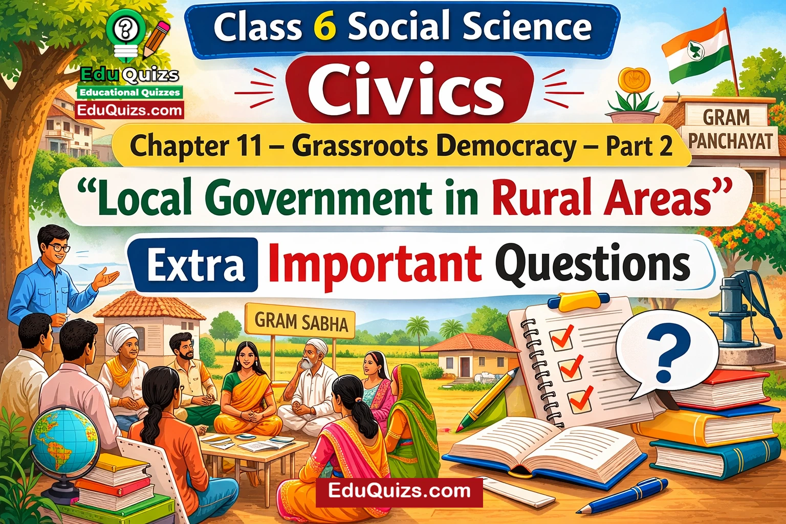 Class 6 Social Science Civics Chapter 11 – Grassroots Democracy: Part 2 Local Government in Rural Areas - Extra Important Questions Panchayati Raj System Gram Sabha Gram Panchayat