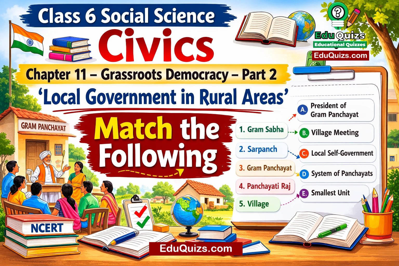 Class 6 Social Science Civics – Chapter 11: Grassroots Democracy – Part 2 (Local Government in Rural Areas) Match the Following Gram Sabha Sarpanch Panchayati Raj NCERT questions