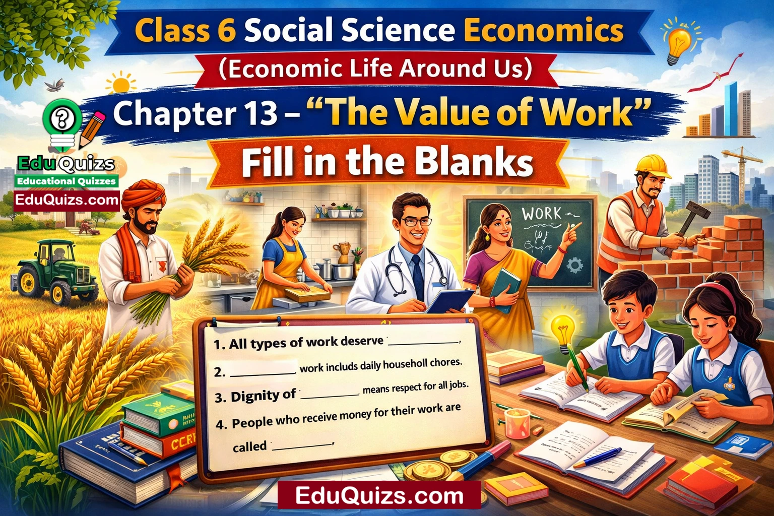Class 6 Social science Economics – Chapter 13: The Value of Work Fill in the Blanks worksheet image showing students studying different types of work and occupations like farmer teacher doctor