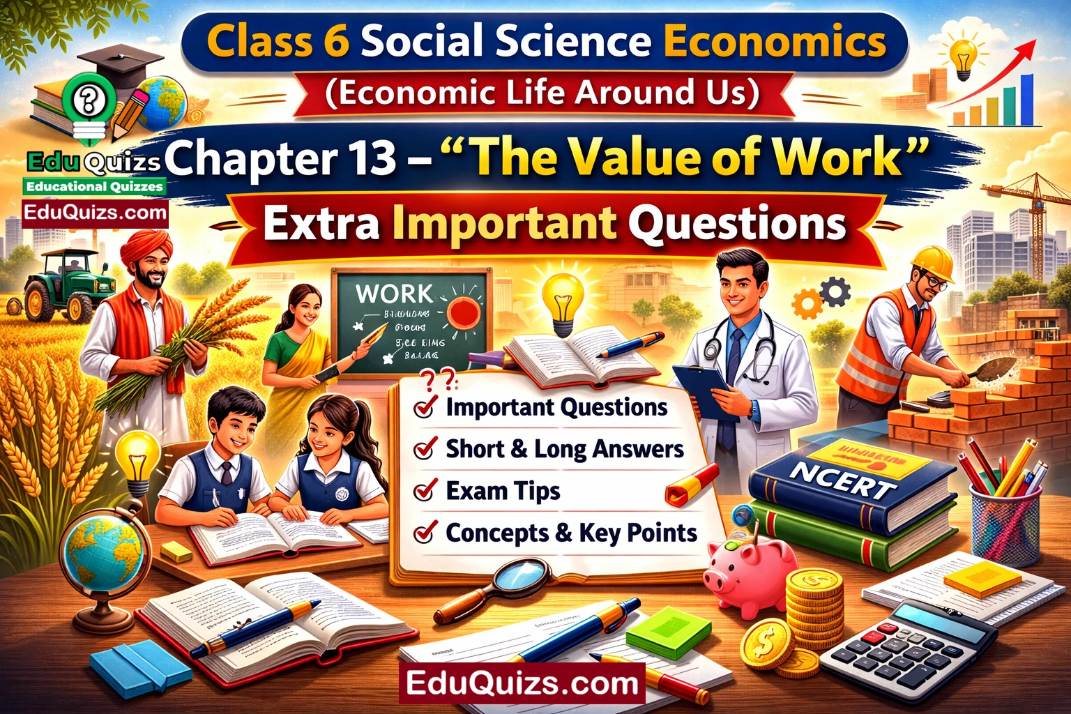 Class 6 Social Science Economics Chapter 13 – The Value of Work - Extra Important Questions image showing different professions like farmer, teacher, doctor and construction worker for students learning