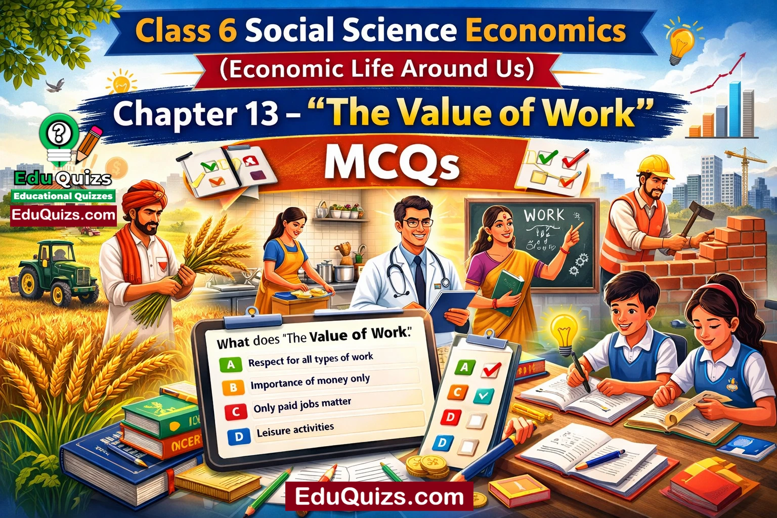 Class 6 Social Science Economics Chapter 13 – The Value of Work MCQs - Best Practice image showing students solving multiple choice questions with different professions like farmer, teacher and doctor
