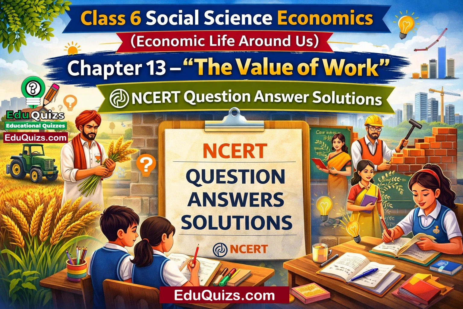 Class 6 Social Science Economics Chapter 13 – The Value of Work NCERT Question Answer Solutions image showing different professions like teacher, farmer, doctor and worker